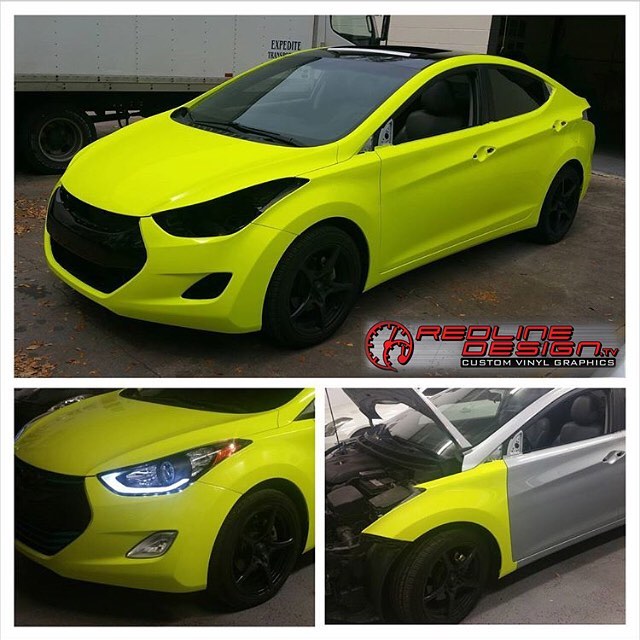 Hyundai Elantra Wrapped in 3M 1080 Fluorescent Satin Neon Yellow Vinyl.